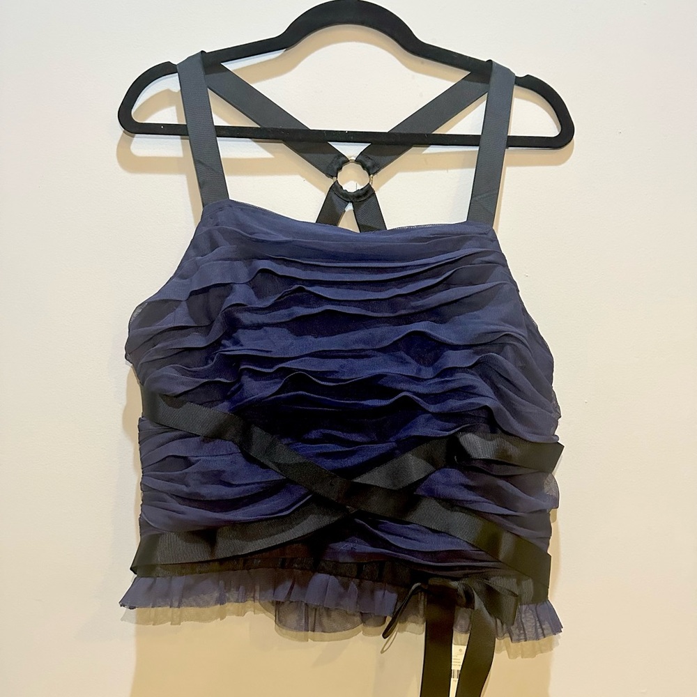 Anthropologie Navy and Black Ruffled Corset Top Sz L